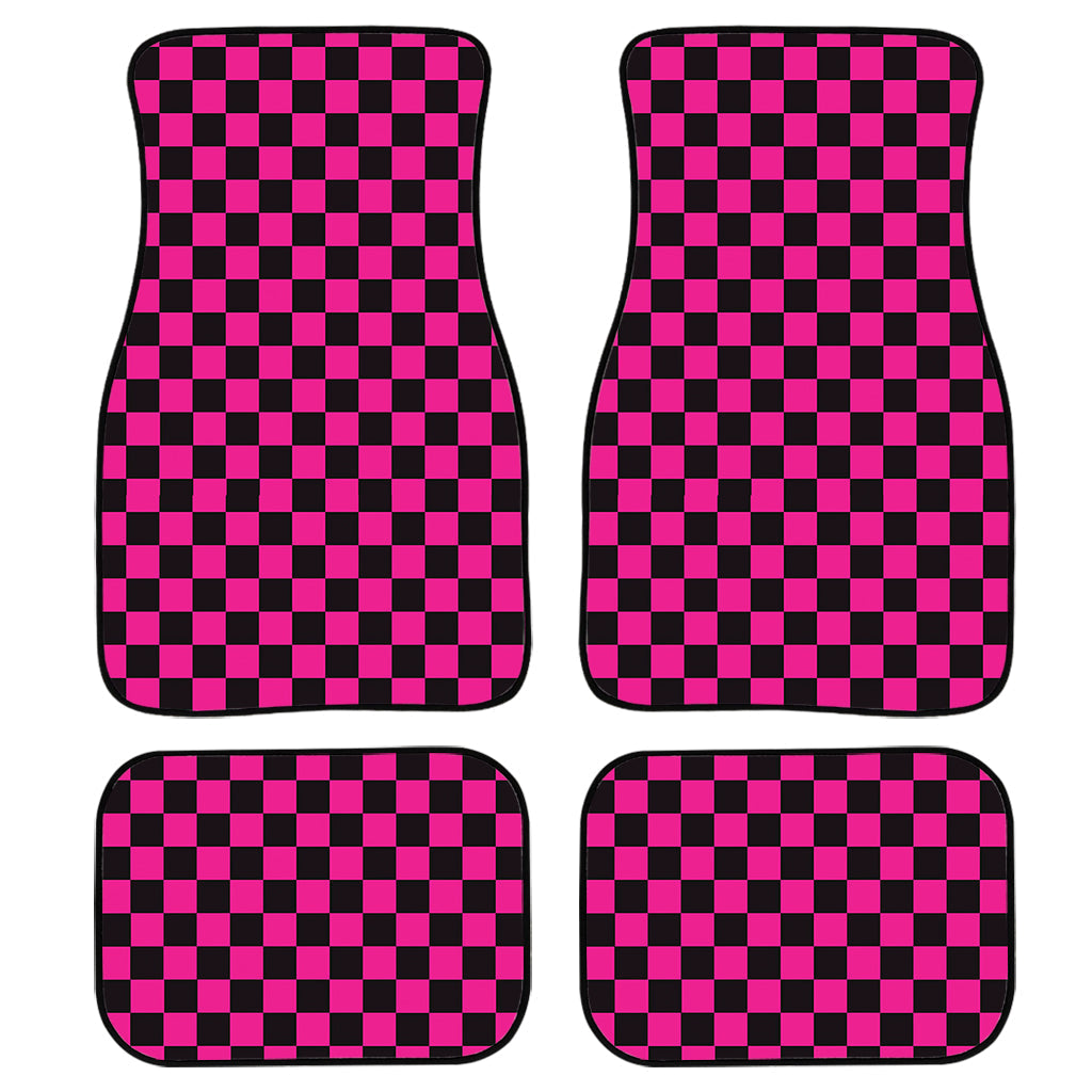 Magenta Pink And Black Checkered Print Front And Back Car Floor Mats, Front Car Mat