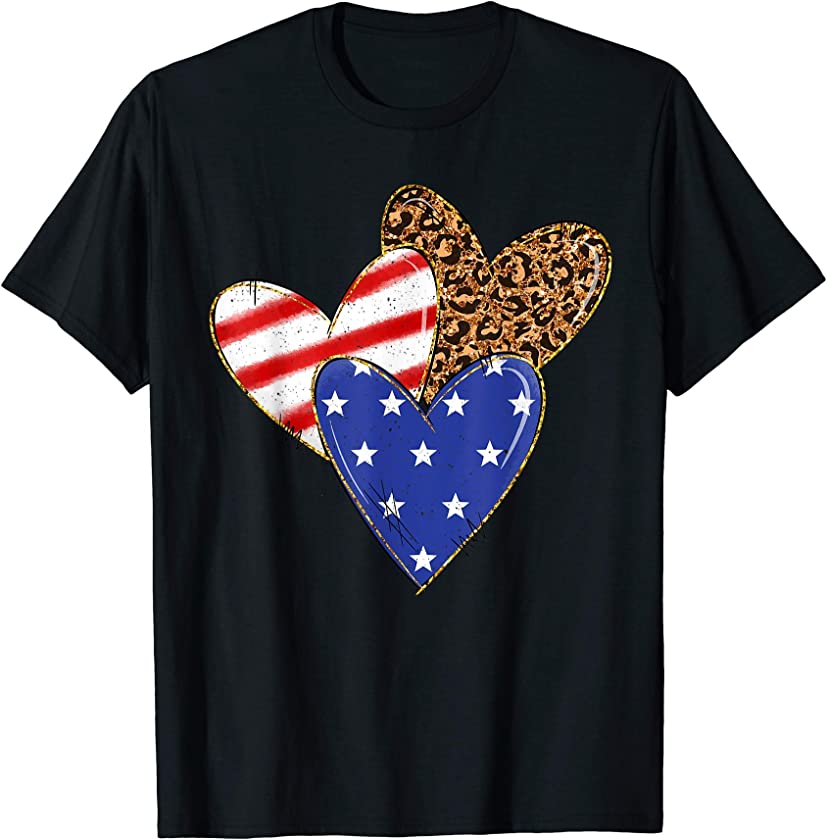 Three American Flag Leopard Hearts 4th of July USA Patriotic T-Shirt