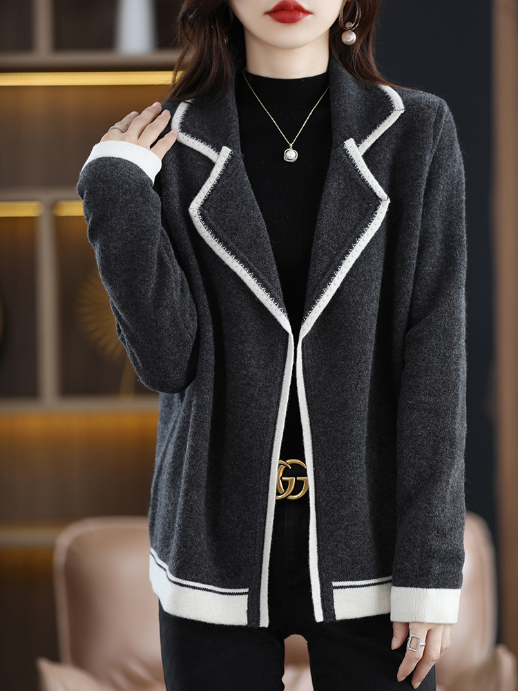 100% wool cashmere sweater women’s new color matching loose lapel knitted full-sleeve cardigan high-end fashion coat sweater alx