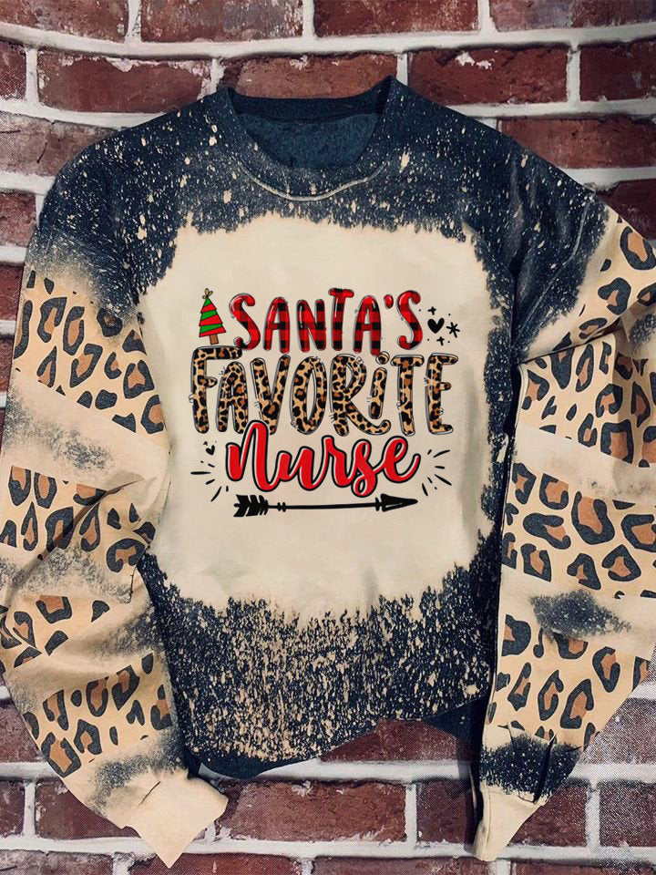 Tmarc Tee Santa’S Favorite Nurse Leopard Bleached Sweater