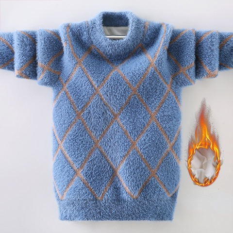 Boys Winter Thick Round Neck Plaid Sweaters Kids Spring Warm Pullovers Teen Plush Knitted Top Children Autumn Jumper Knitwear alx