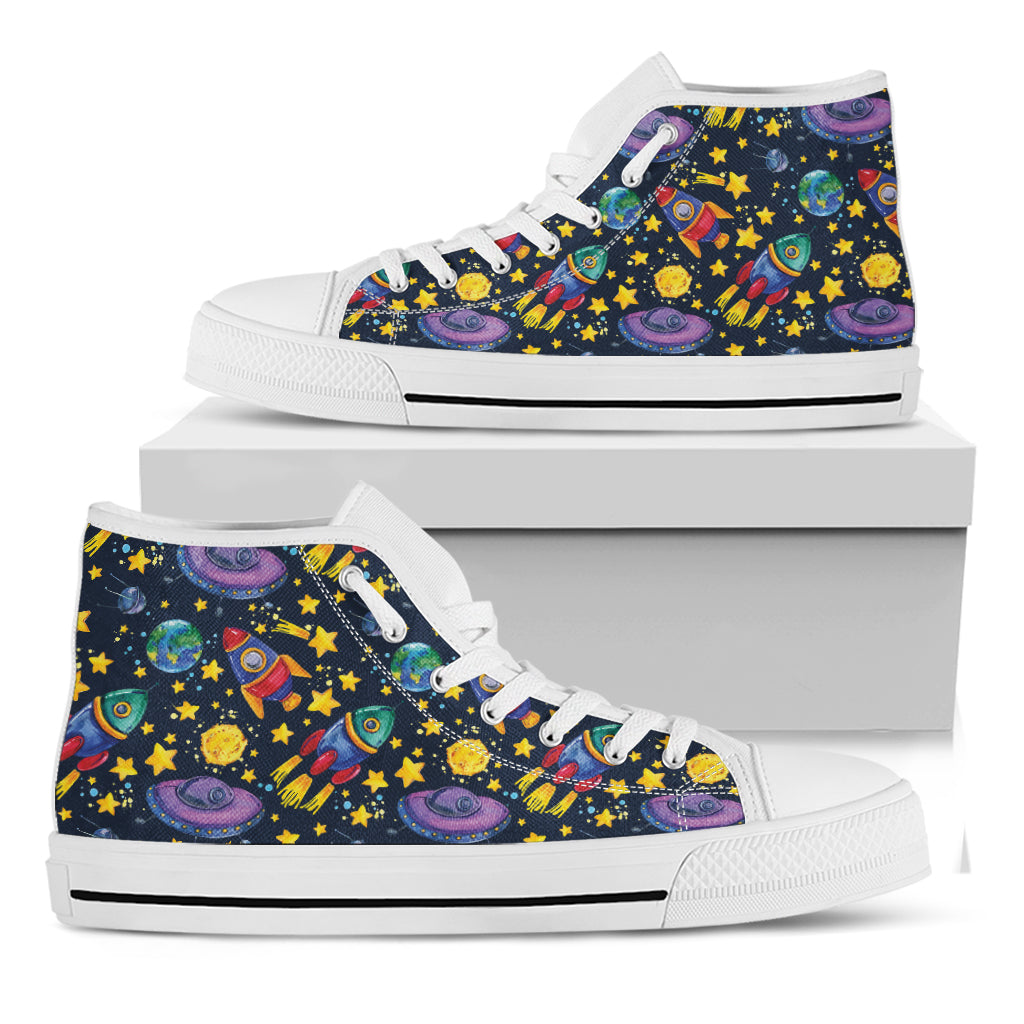 Watercolor Rocket Pattern Print White High Top Shoes