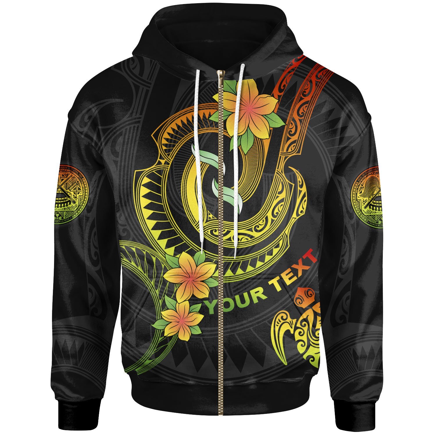 American Samoa Custom Personalised Zip-Up Hoodie – Reggae Plumeria Flowers with Spiral Patterns – BN26