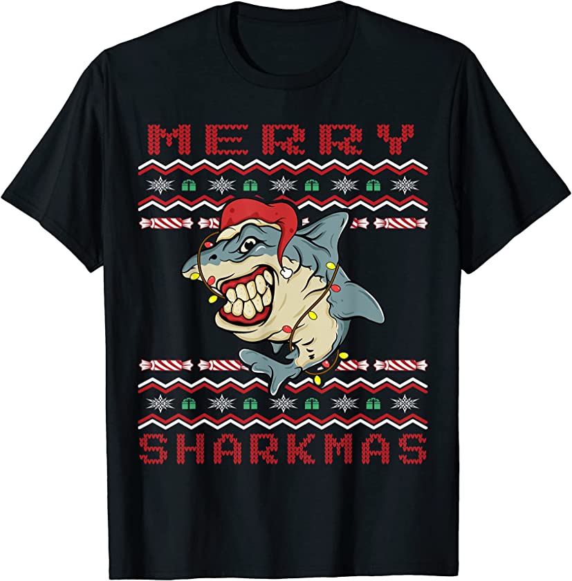 Ugly Sweater Merry Sharkmas Shark Santa Christmas Lights T-Shirt