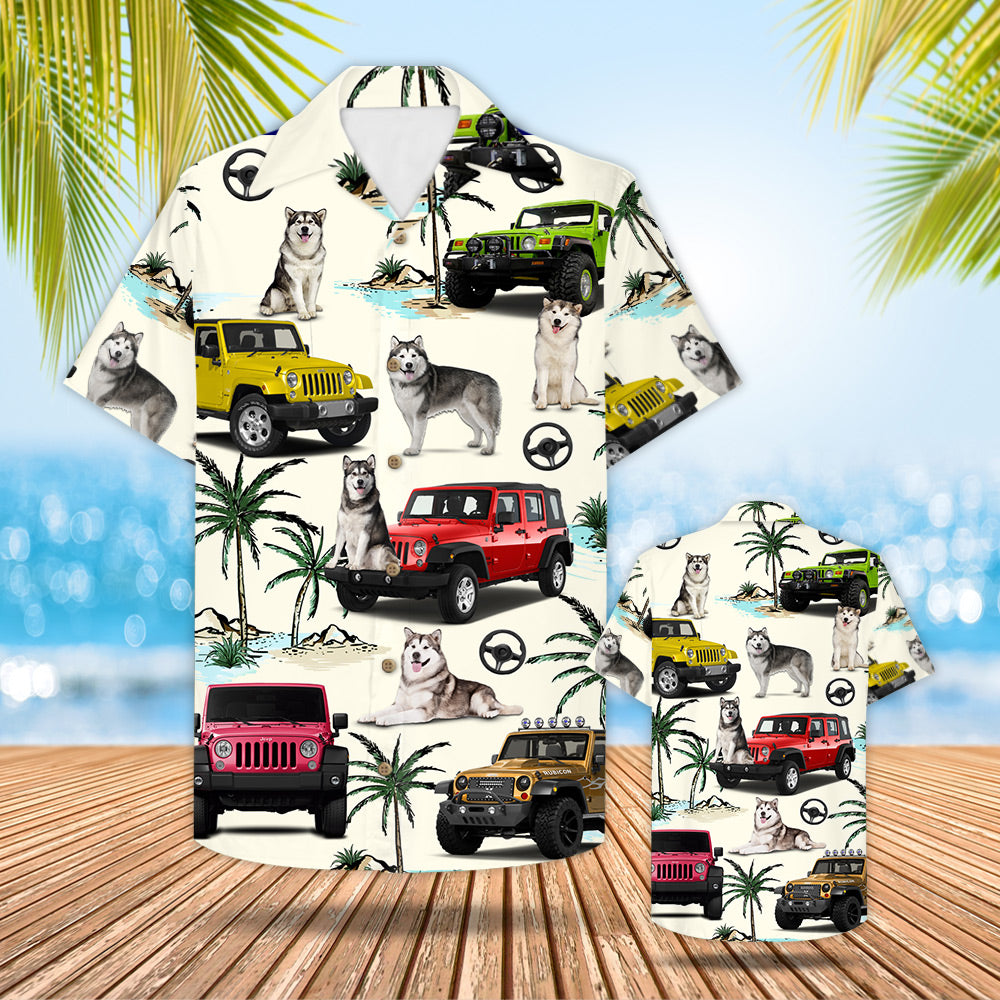 Jeep Alaskan Malamute Hawaiian Shirt – Gift For Jeep Trips – Alaskan Malamute And Jeep Pattern Trna