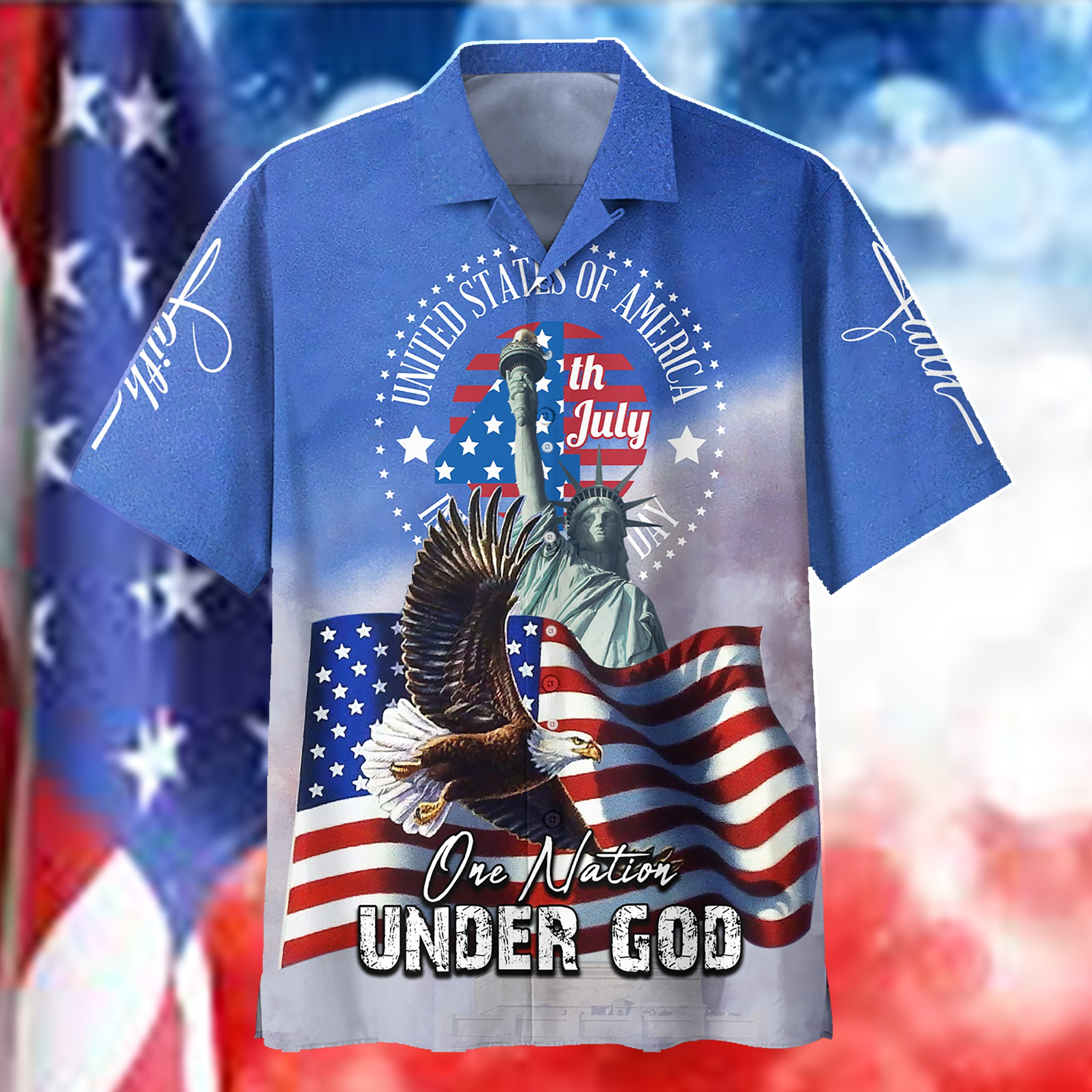 Happy Independence Day Hawaiian Shirt  One Nation Under God Hawaiian Shirt  Eagle With Us Flag Statue Of Liberty Hawaiian Shirt, Hawaiian Shirt Gift, Christmas Gift - alwaysky.com 