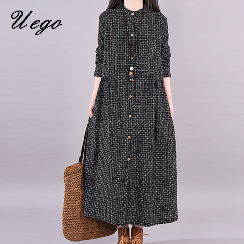 2022 New Arrival Stand Collar Fashion Blouse Dress Plaid Long Sleeve Autumn Dress Women Casual Midi Spring Dress alx