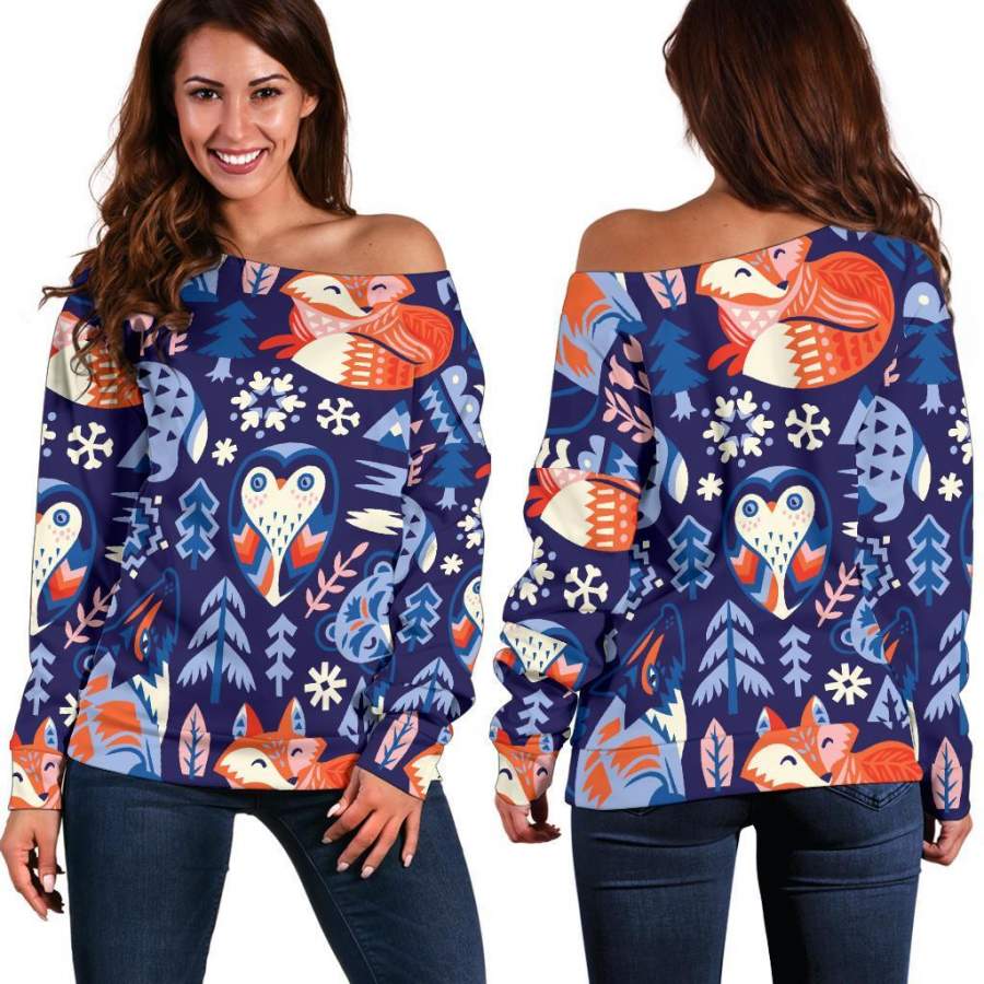 Swedish Animal Pattern Print Women Off Shoulder Sweatshirt