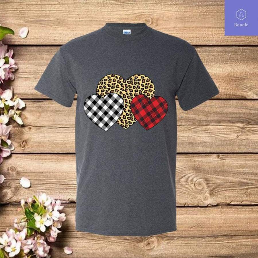 Three Hearts Leopard Buffalo Plaid Valentine’s day Girl Kid T-Shirt