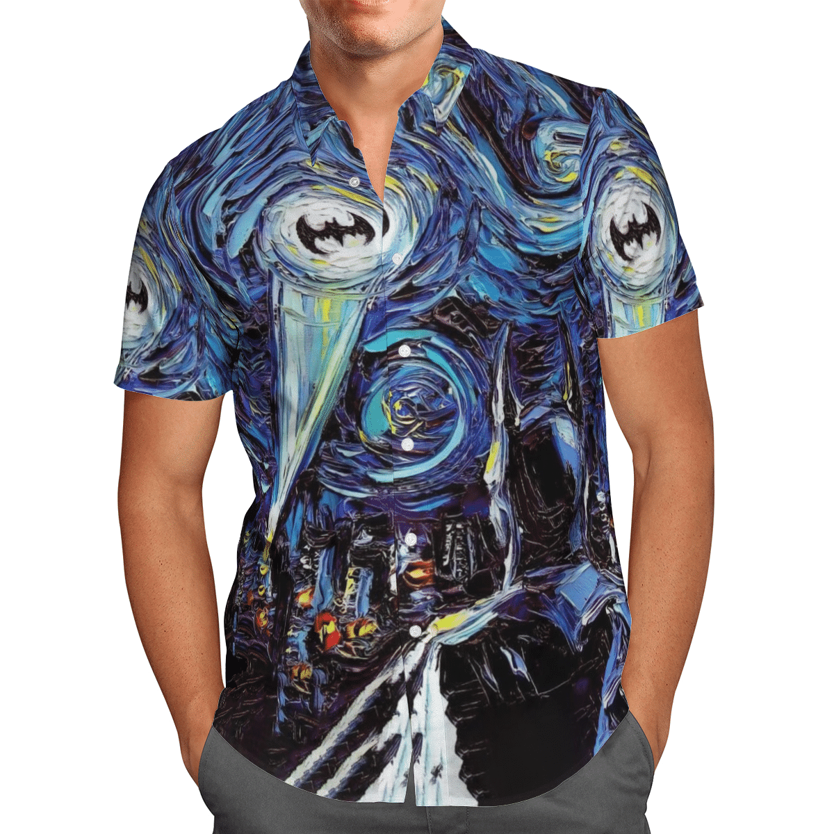 Batman The Starry Night Print Short Sleeve Hawaiian Shirt Y97