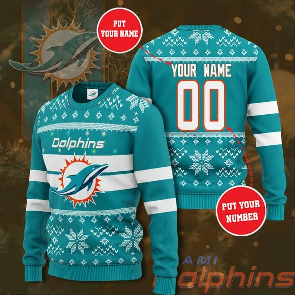 Miami Dolphins Custom Name Number Gift For Fan Ugly Wool Sweater Christmas V2