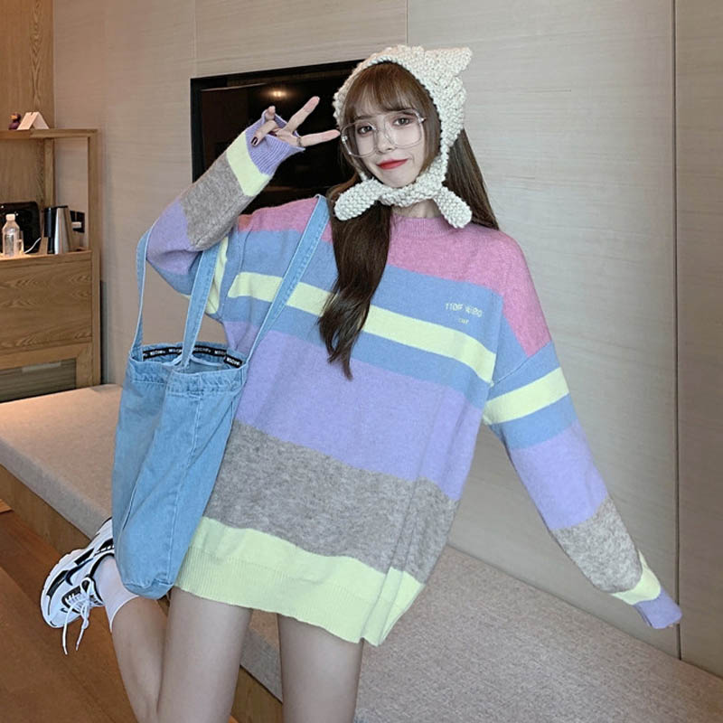 2020 Fashion Autumn Knitted Pullover Sweater Oversized Korean Style Best Friend Rainbow Color Cute Bear Knit Sweater Jumper Tops alx