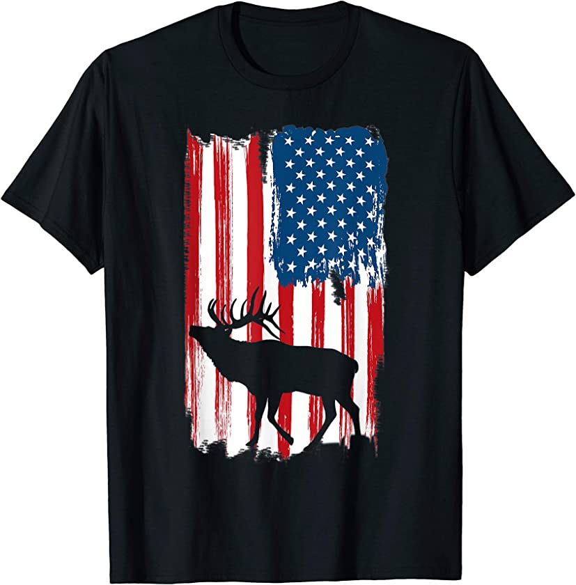 Vintage Patriotic American Flag Elk Hunter Hunting Sportsman T-Shirt