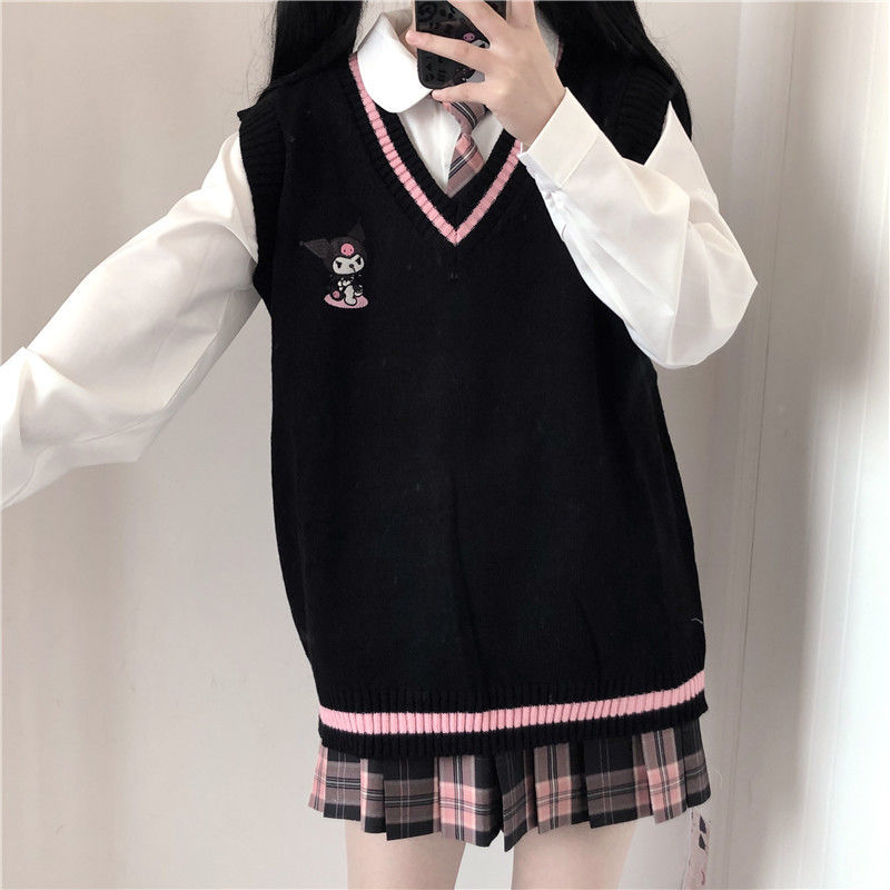 Anbenser Kawaii Cartoon Embroidery Cardigan Women Jk Uniform Checkerboard Sweater Coat Autumn Winter Loose Y2k Knitted Sweaters alx