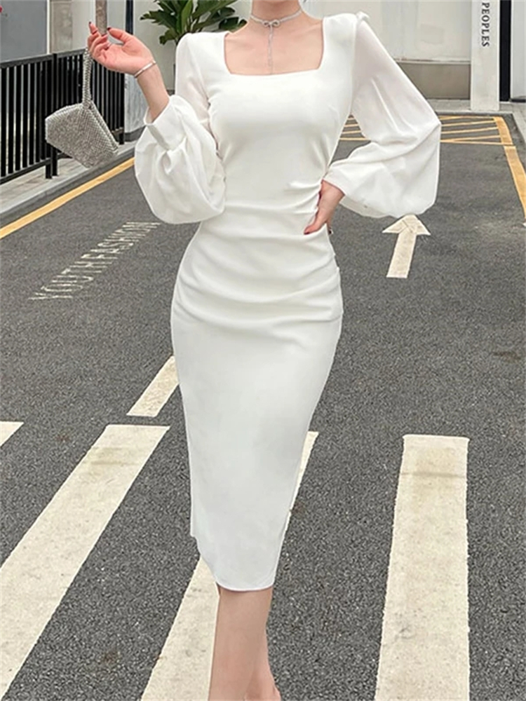 Women Spring Square Collar Sexy Party Dress Split Lantern Sleeve OL Sheath Female Bodycon Vestidos alx