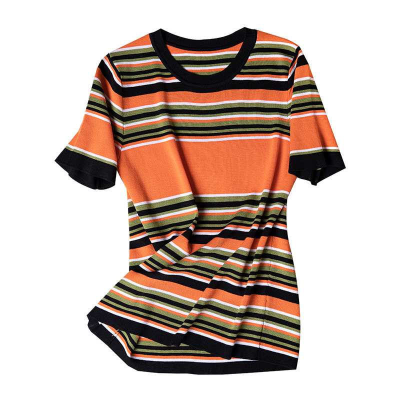 Summer Knitted Thin Cool Women Sweater Pullover Breathable Orange Green Stripe O Neck Short Sleeve Office Ladies Elegant Tops alx