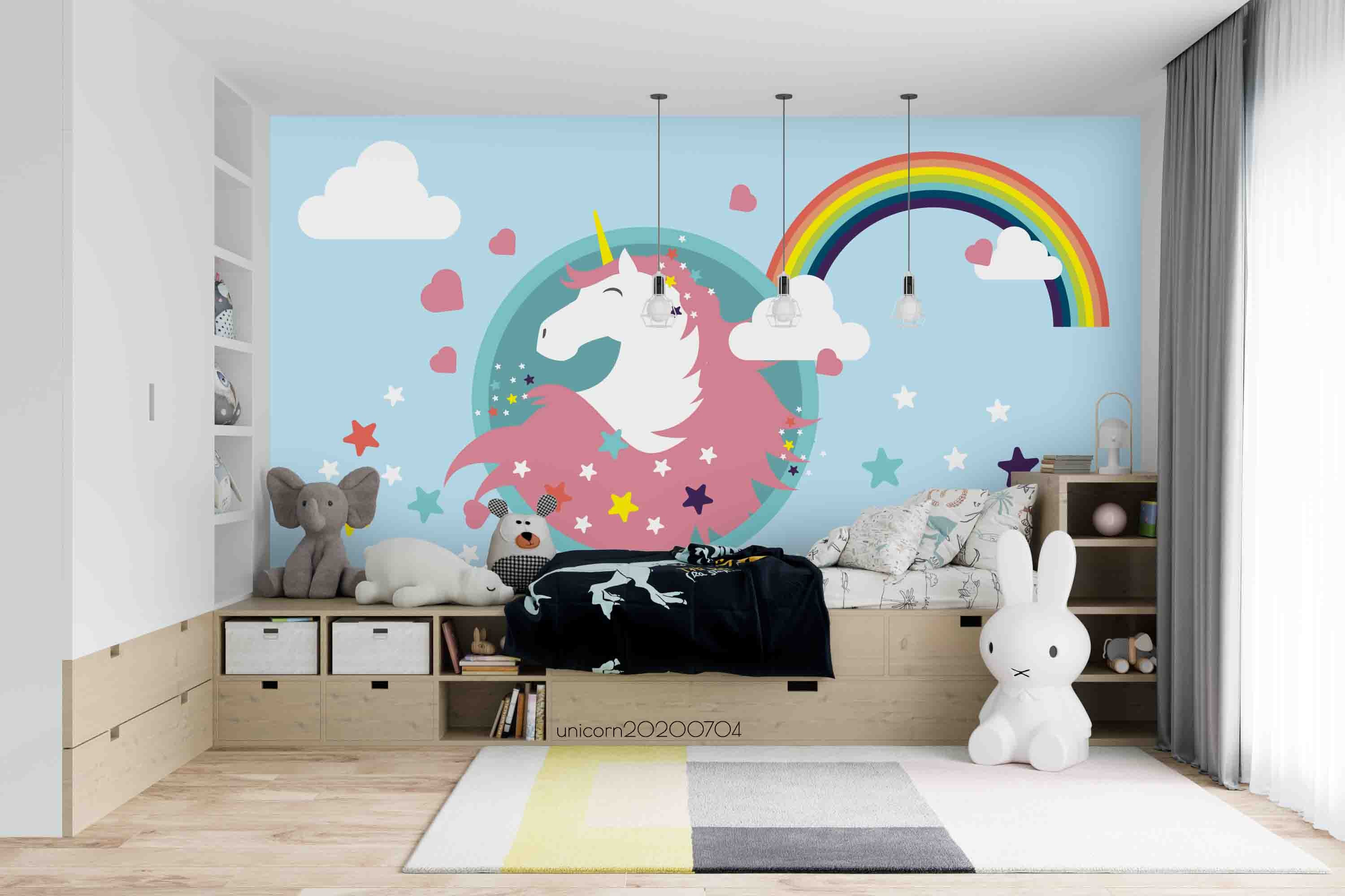 3D Cartoon Rainbow Smiley Unicorn  Wall Mural Wallpaper Lxl 201