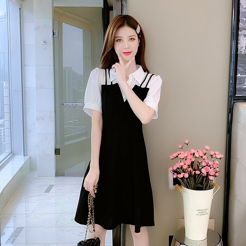 Summer Women’s Mini Dress 2022 New Korean Fashion Patchwork Puff Sleeve Polo Collar Black A-Line Dresses Preppy Style Clothing alx