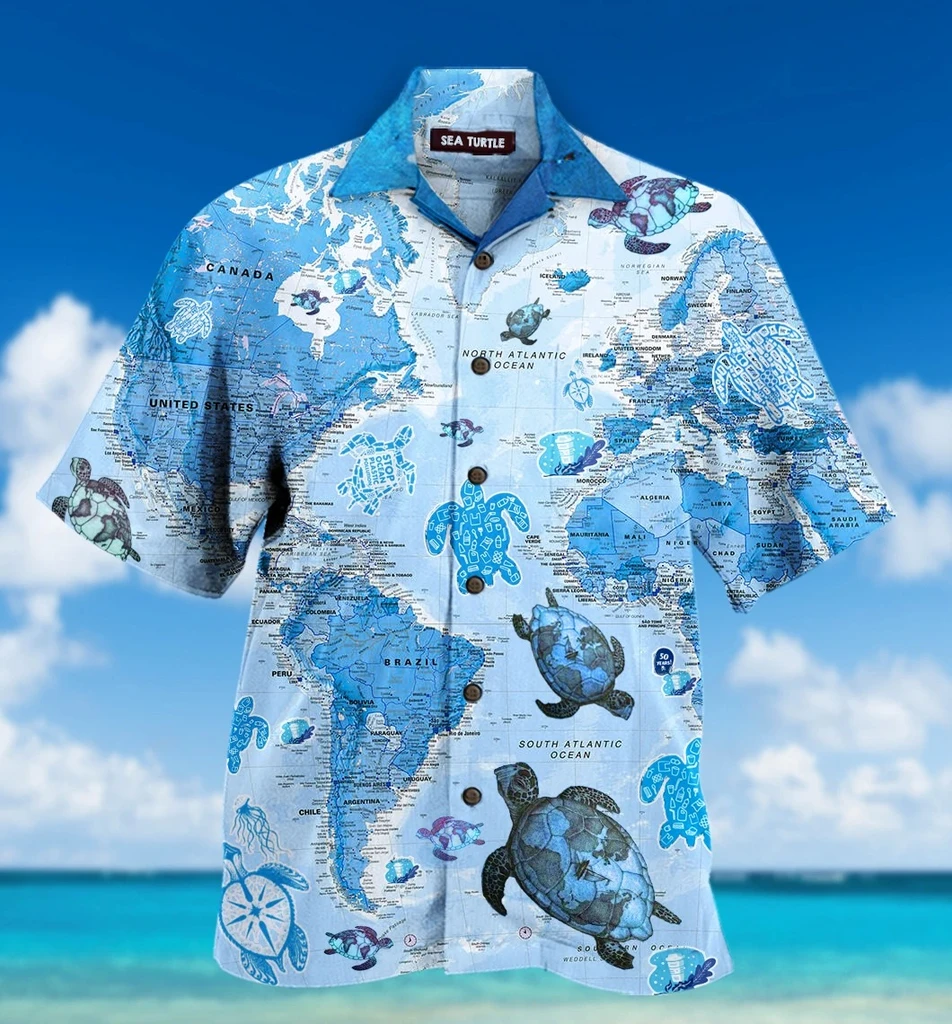 Turtle Blue Map Print Polyester Hawaii Shirt Ha12856