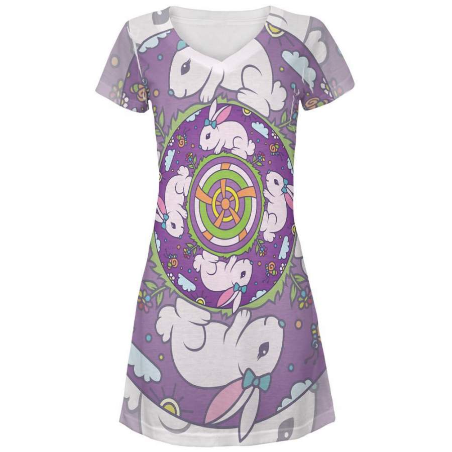 Mandala Trippy Stained Glass Easter Bunny All Over Juniors Beach Cover-Up Dress