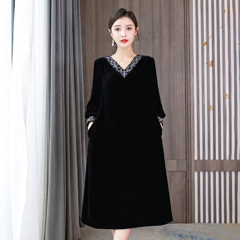 ZUOMAN Summer Runway Vintage Black Velvet Dress Women’s Turn-down Collar Luxury Gold Line Embroidery Elegant Party Dress alx