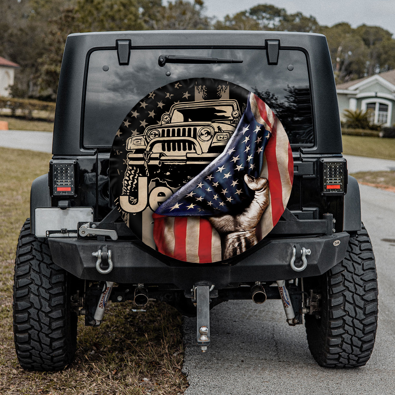 Vintage Jeep Under American Flag Spare Tire Cover #020822L