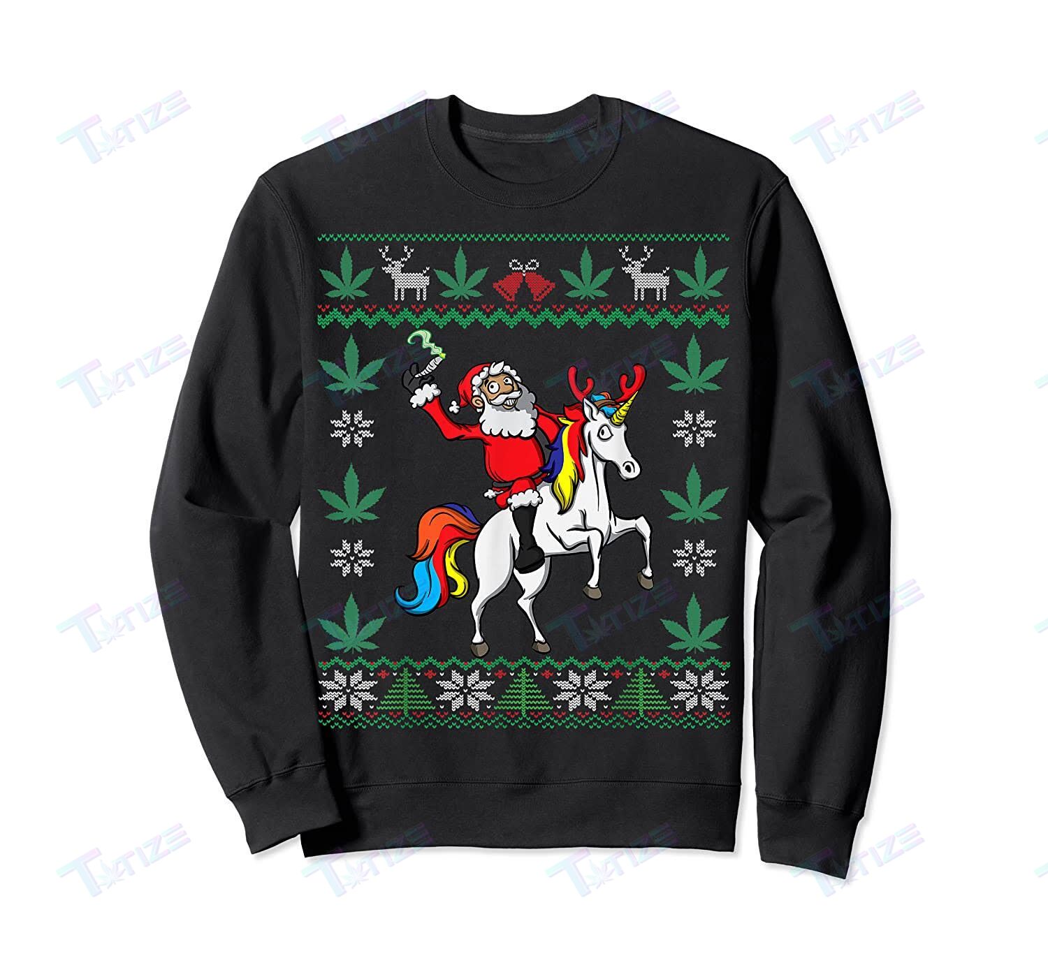 Weed Lover Santa & Unicorn Weed Marijuana Ugly Christmas Sweatshirt Graphic Unisex T Shirt, Sweatshirt, Hoodie Size S – 5Xl