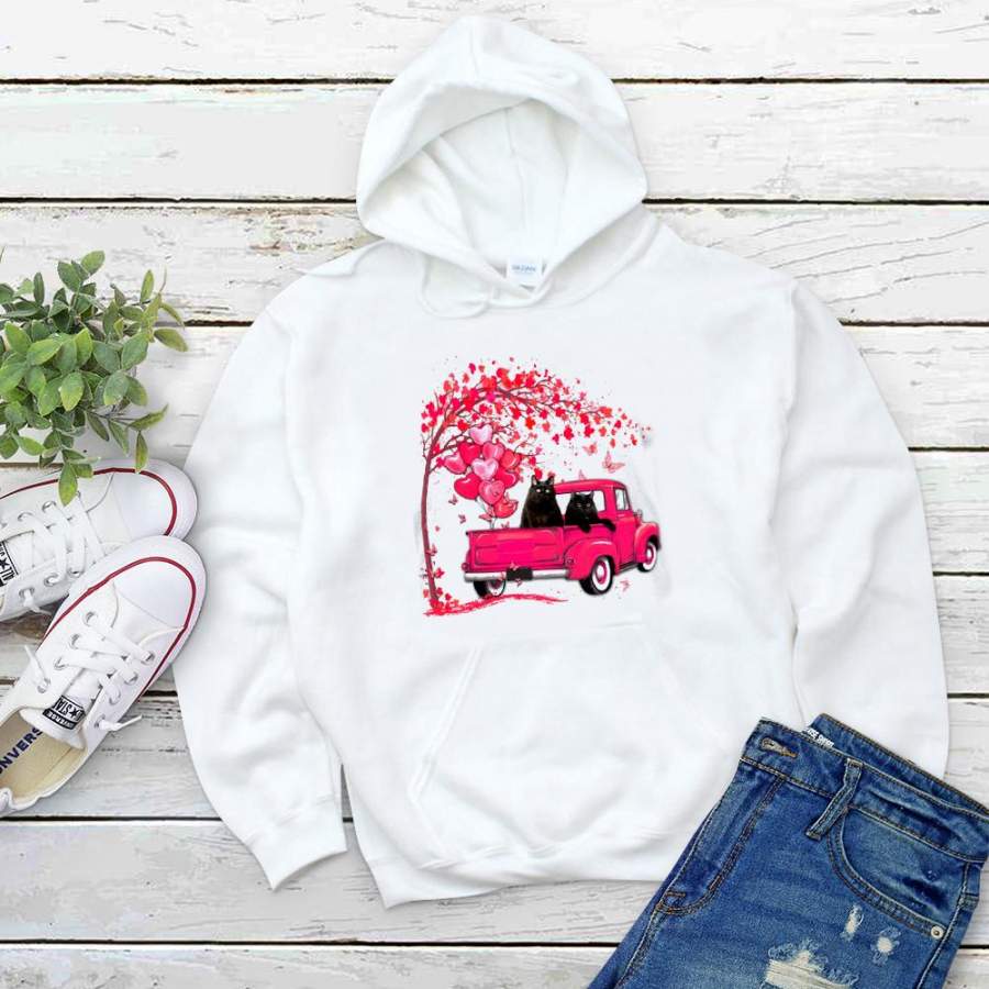 Black cat pink farm truck happy valentine’s day white hoodie for men and women S-5XL