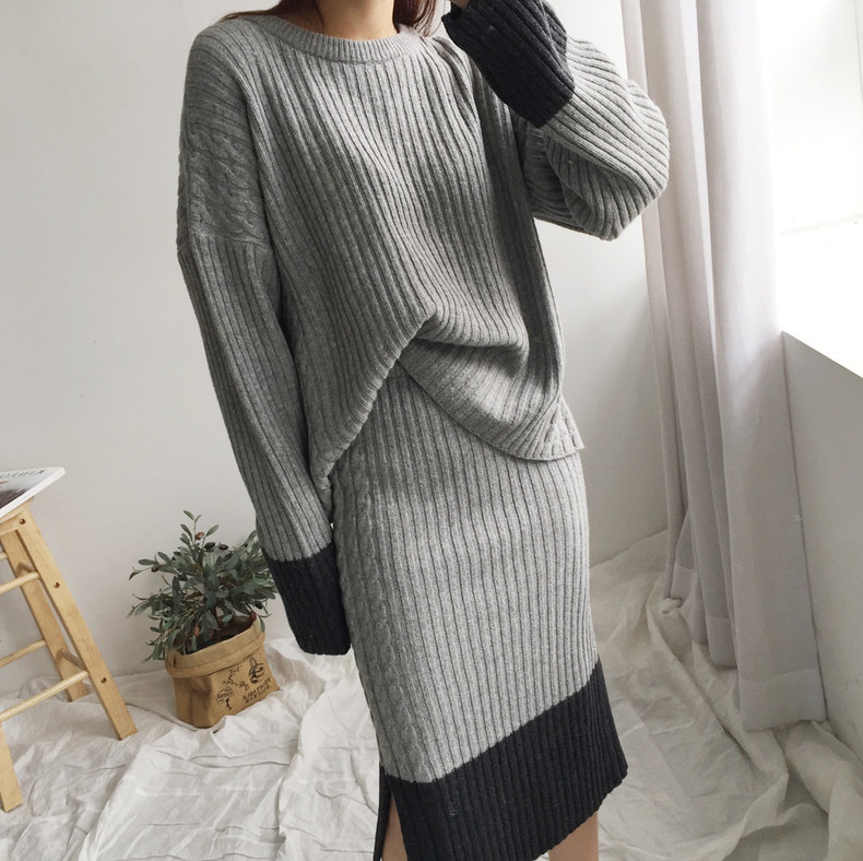 2021 Large Women’s Autumn Winter Round Neck Top Skirt Loose Fashion Lazy Style Knitted Fashion Sweater Skirt Two-Piece Suit alx