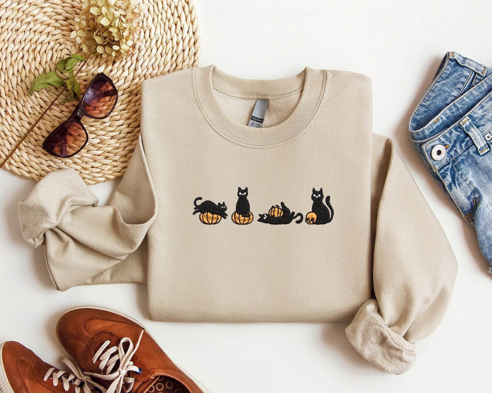 Embroidered Black Cat Ghost Sweatshirt 2D Crewneck Sweatshirt All Over Print Sweatshirt For Women Sweatshirt For Men Sws2570