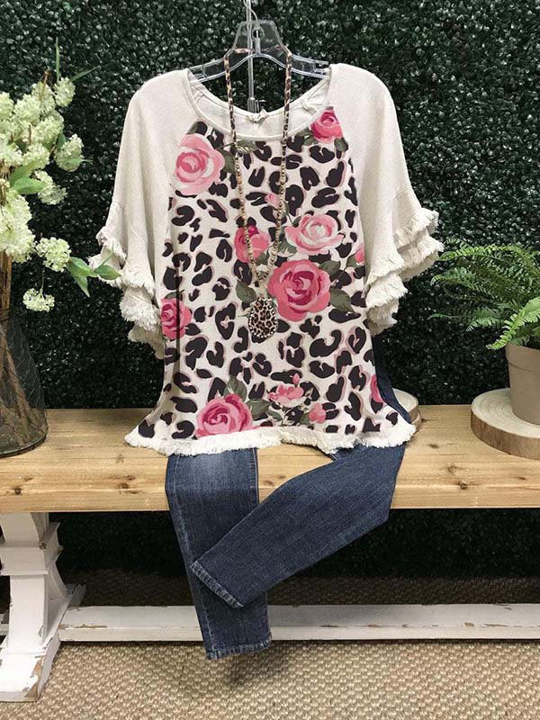 Leopard Print Short Sleeve Crew Neck Casual T-Shirt