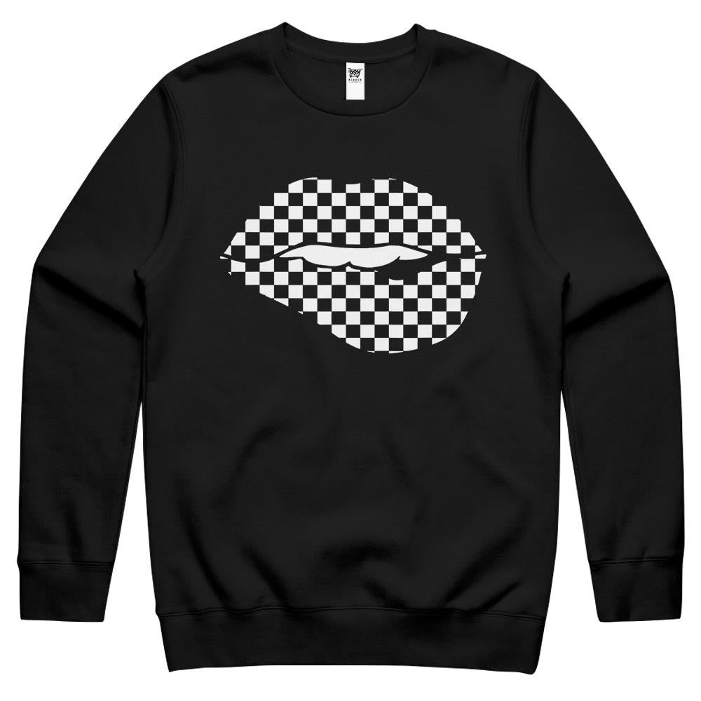 Funny Checkered Black White Lip Gift Cute Checkerboard Crewneck Sweatshirt