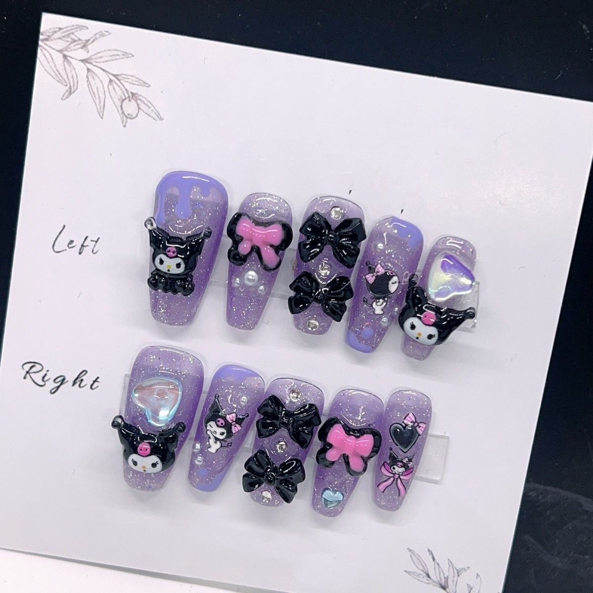 Glitter Purple Kuromi with black bow Press on nails/ Y2K nail/ cute kawaii nails  #329