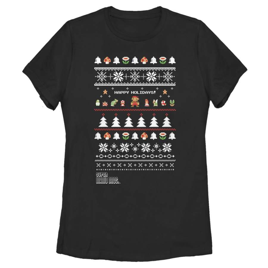 Nintendo Women’s Ugly Christmas Super Mario Happy Holidays  T Shirt