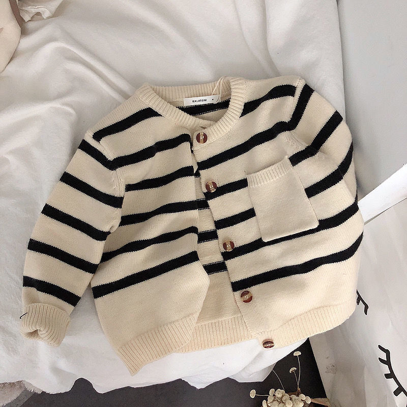 2022 Korean Kids Autumn Kids Clothes Single breast Girls Outwear Coat Baby Boys Cardigans Knitted Sweater Crew Neck Stripe 2-9Y alx