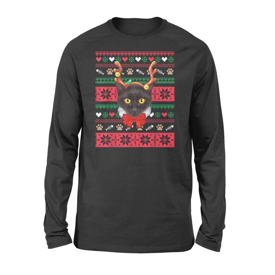 Black Cat Reindeer Ugly Christmas Sweater Christmas Pajamas T Shirt – Standard Long Sleeve