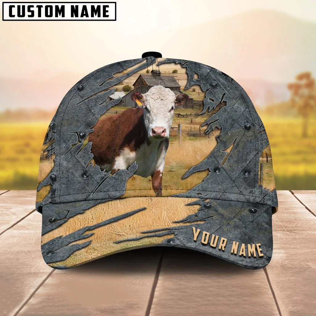 Personalized Name Hereford Cap Hat For Dad, Farm Cap Hat, Baseball Cow Hat