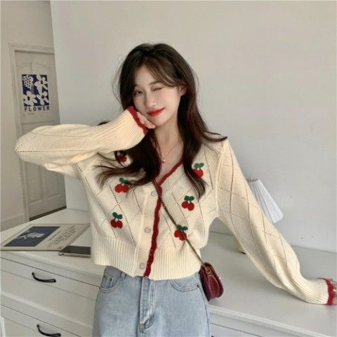 Autumn Newest Cardigans Women Sweet Elegant V-neck Lovely Cherry Patchwork Ladies Outwear Gentle High Street Leisure Trendy Chic alx