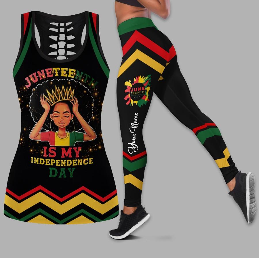 Juneteenth Is My Independence Day Black Queen Black Woman Pattern Africa American Independence Day Custom Name Legging And Hollow Out Tank Top Set Outfit For Women | Adult | Lgn1449