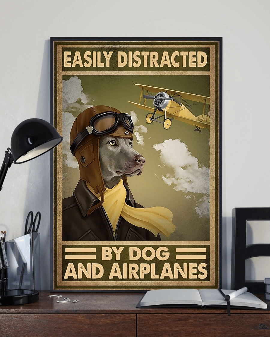 Weimaraner Dog Poster Canvas – Easily Distracted By Dog And Airplanes Vintage Home Decor Wall Art Evg80455