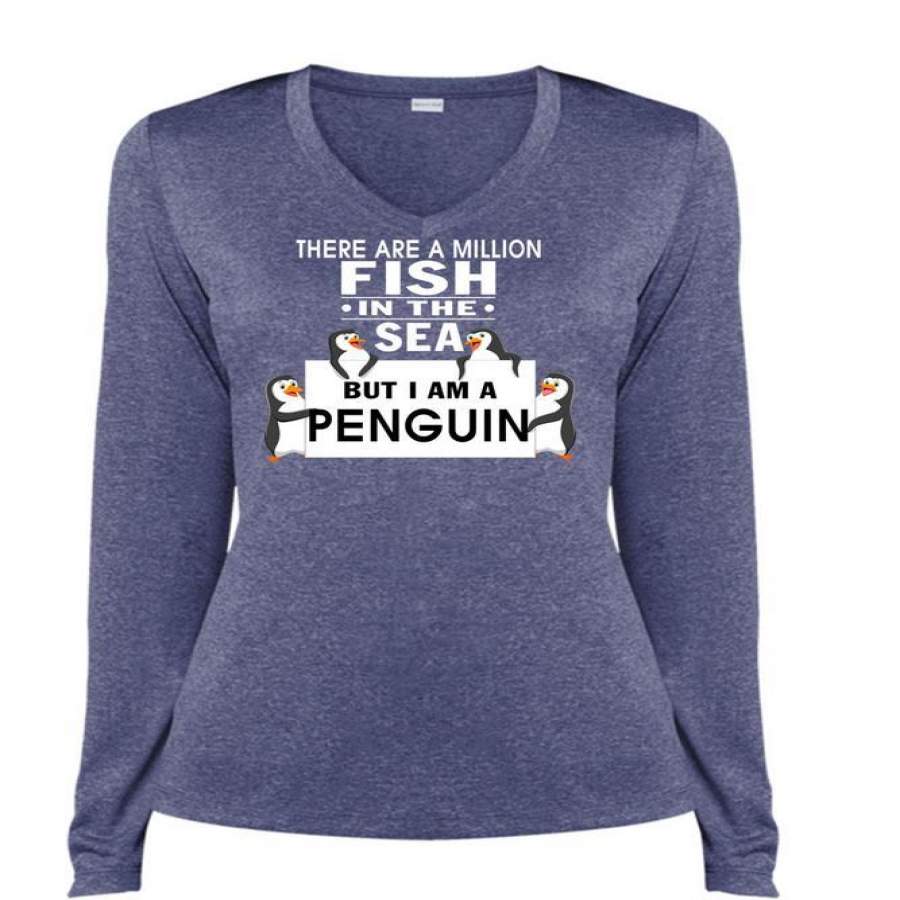 There Are A Million Fish In The Sea T Shirt, I Am A Penguin T Shirt, Cool Shirt (Ladies LS Heather V-Neck)