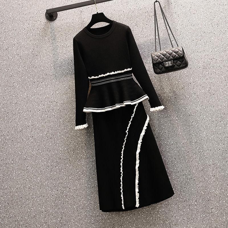 2021 Winter Black Suit Female Aging Temperament Knitted Sweater + Slim Temperament Skirt Two-piece Set alx