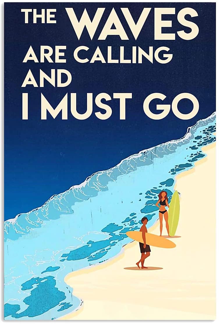 Vintage Surfing The Waves Are Calling Must Go Poster Art Print      Home Decor Gift For Men Women Family Friend On Birthday Xmas