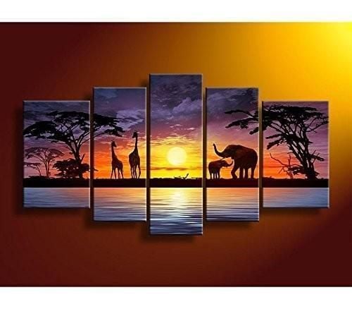 African Elephant Life Nature 5 Panel Canvas Art Wall Decor