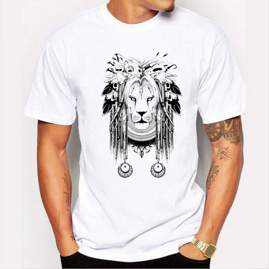 2017 Street Hot New Fashion Summer T-Shirt Men’S Tops Print T-Shirt Indian Lion Print White Men’S Clothing