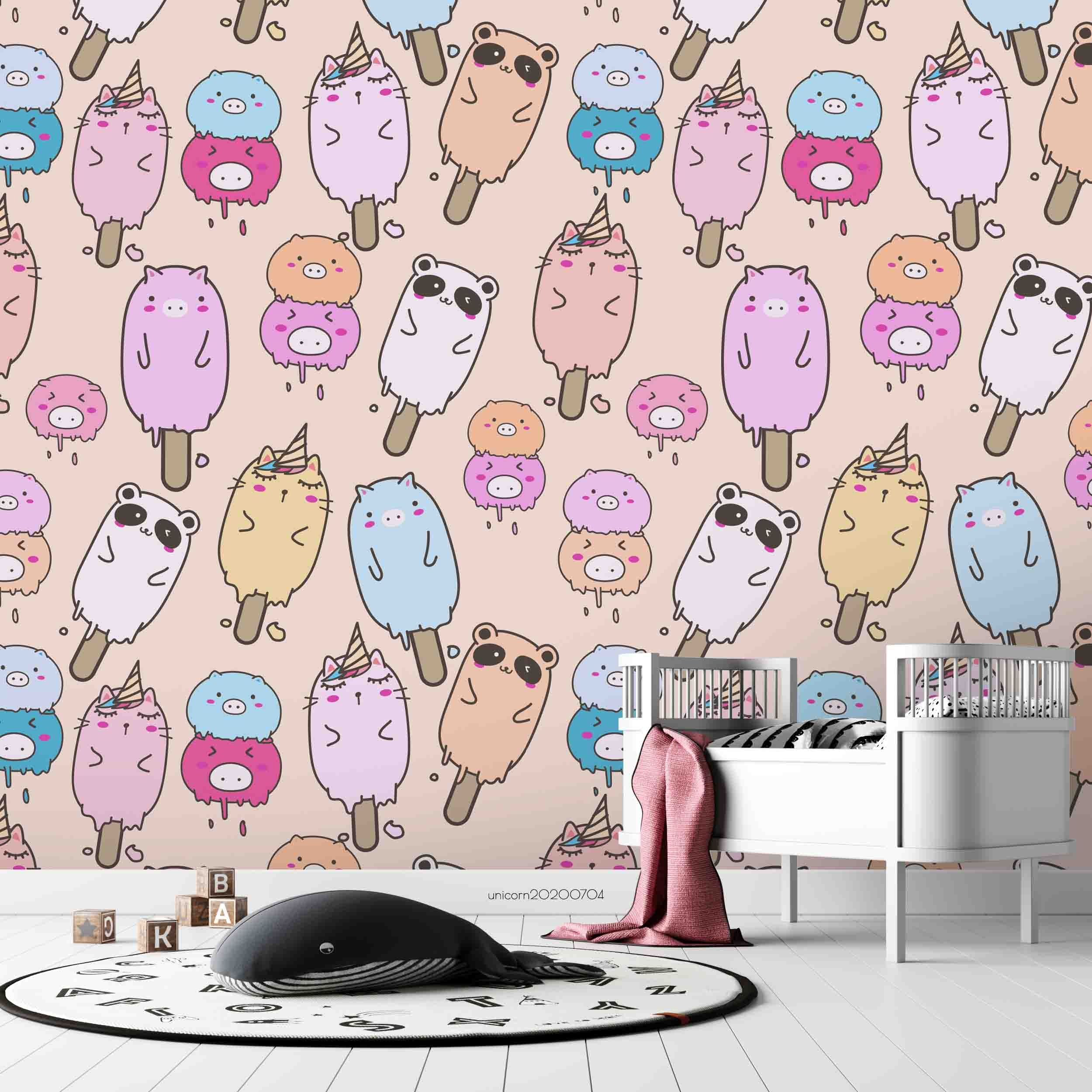 3D Cartoon  Colorful Unicorn Ice Cream Wall Mural Wallpaper Lxl 237