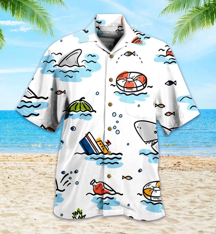 Cartoon Summer Sea Shark White Hawaiian Shirt 3D