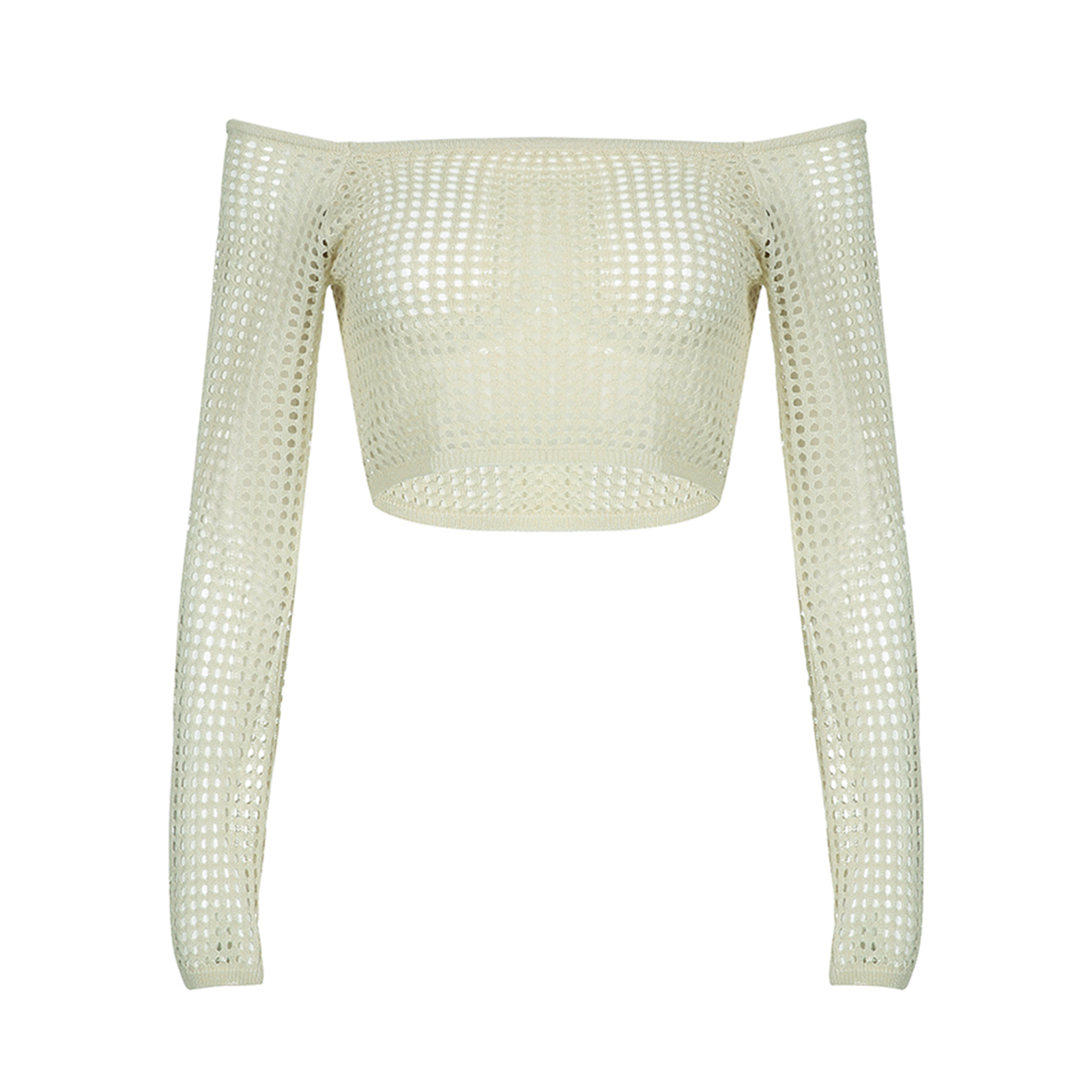 Women Y2K Crochet Knit Midriff-baring Crop Top Female Boat Neck Mesh Hollow See-through Long Sleeve Off Shoulder Cover-up Blouse alx