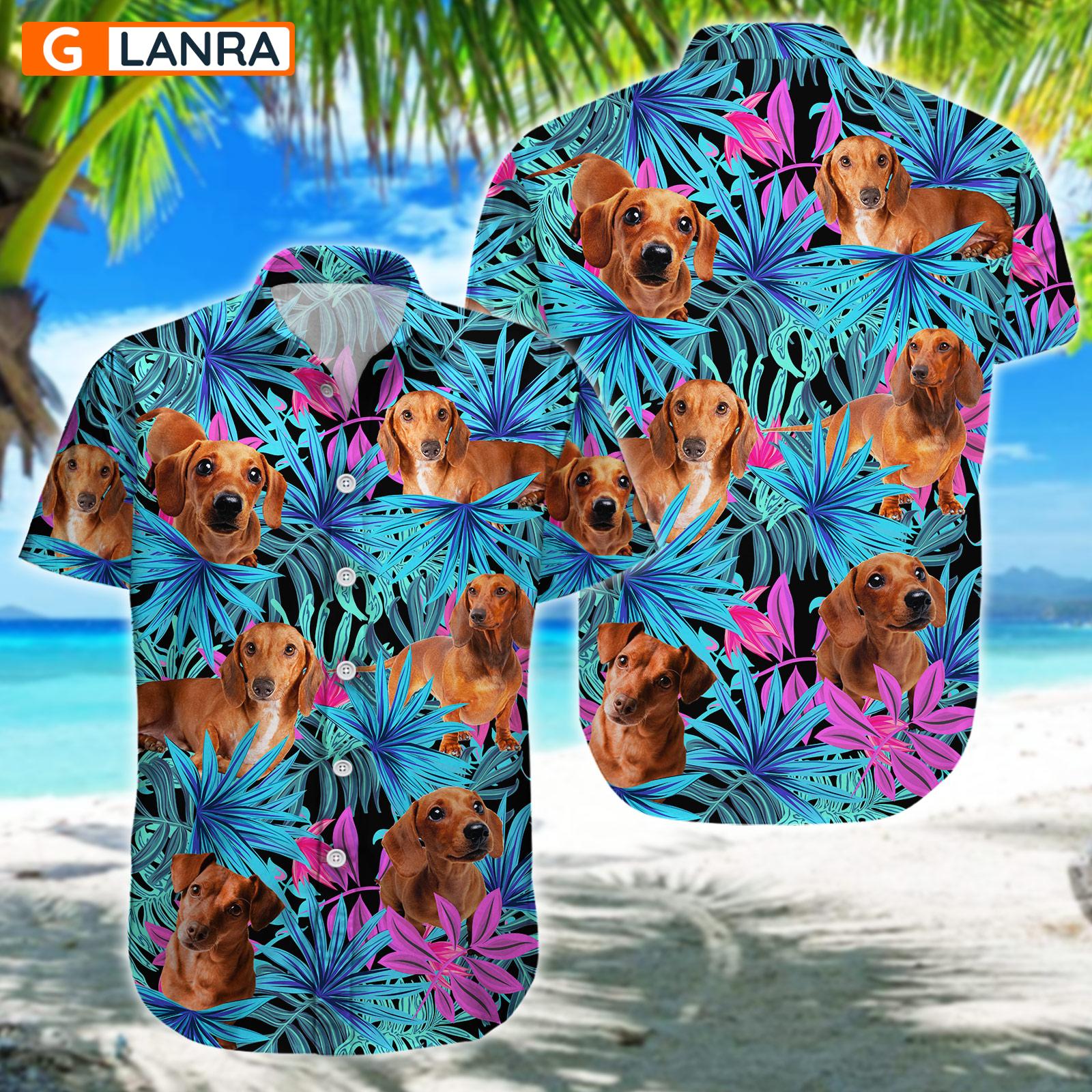 Dachshund Palm Leaves Button Shirt, Dachshund Dog Button Shirt, Summer Dachshund Dog Hawaiian Shirt, Dog Leaf Hawaiian Shirt, Summer Tropical Shirt