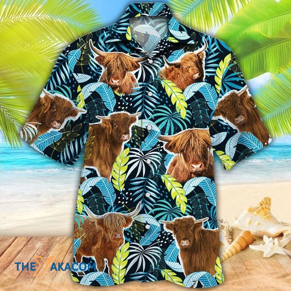 Highland Cattle Lovers Jungle Leaves Pattern Hawaiian Shirt Ha59100